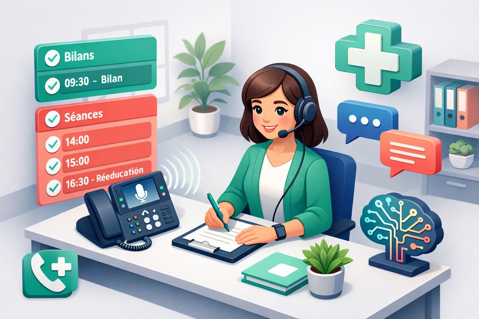 accueil téléphonique dédié aux orthophonistes pour une gestion efficace des bilans et des rééducations, facilitant la prise de rendez-vous et le suivi patient.