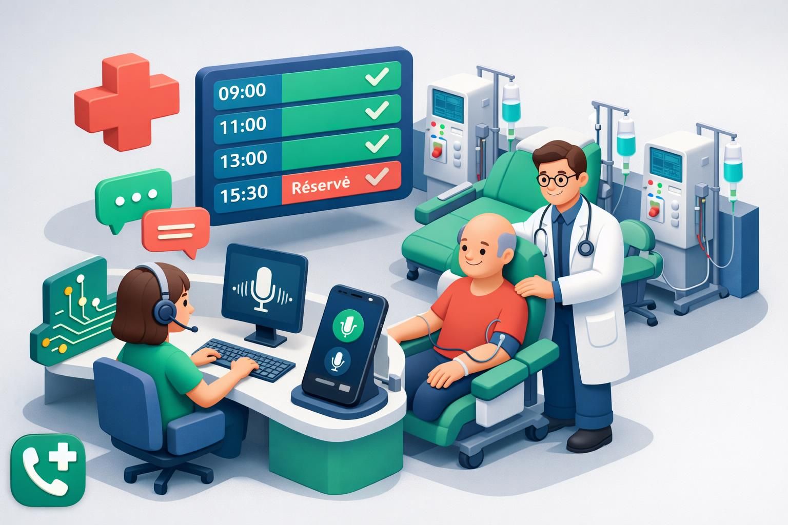 service de télésecrétariat spécialisé pour les centres de dialyse, assurant la planification des séances et le suivi personnalisé des patients.